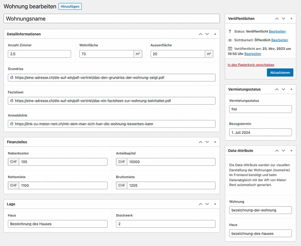 Detailansicht eines Datensatzes in der von uns optimierten Administrationsoberfläche des CMS der Erstvermietungs-Website.