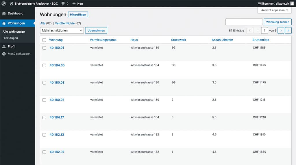 Übersicht von Wohnungen in der von uns optimierten Administrationsoberfläche des CMS der Erstvermietungs-Website.